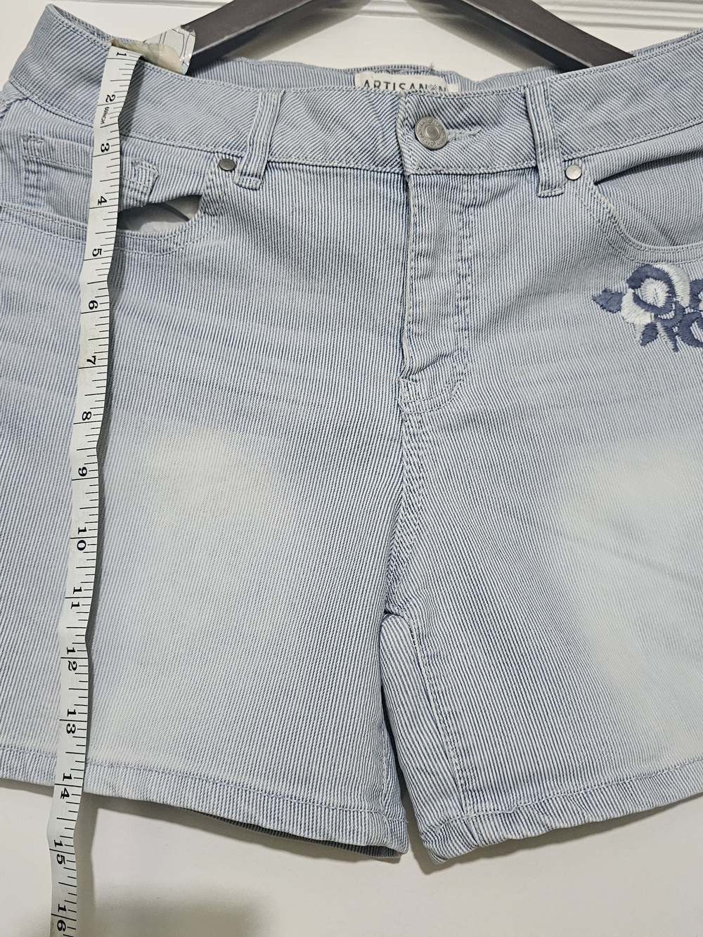 Artisan Pale Blue Striped Denim Shorts with Floral Embroidery